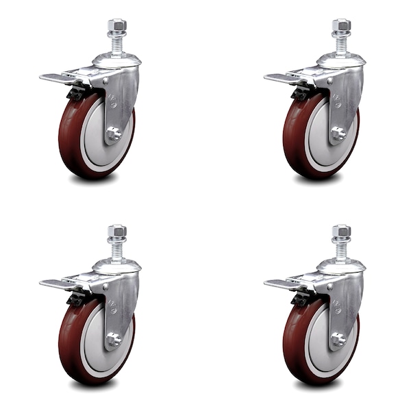 Service Caster 5 Inch Maroon Polyurethane Swivel 12mm Stem Caster Set with Total Lock Brake SCC-TSTTL20S514-PPUB-MRN-M1215-4 - main